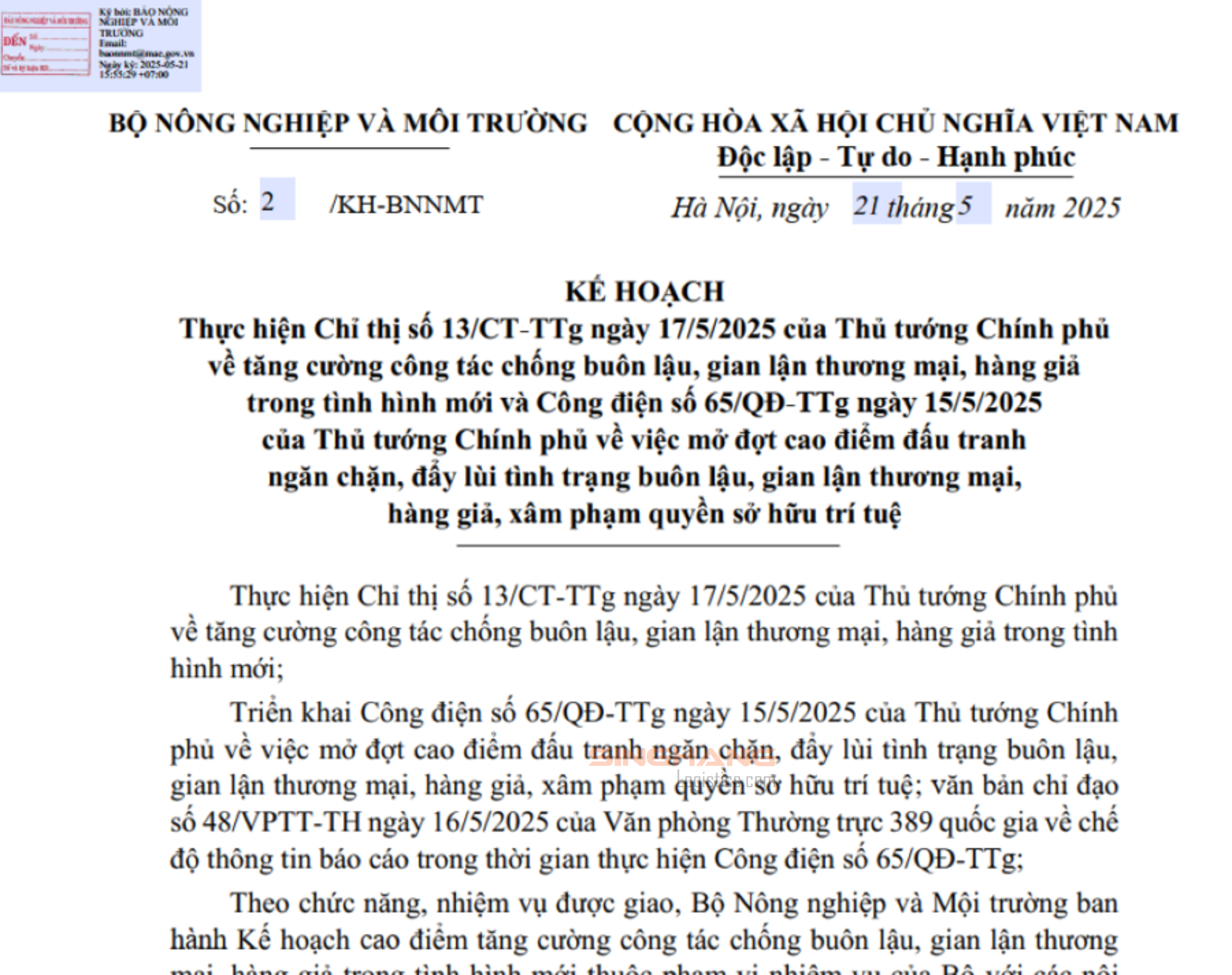 Công văn của Bộ Nông nghiệp và Môi trường | Singhang Logistics